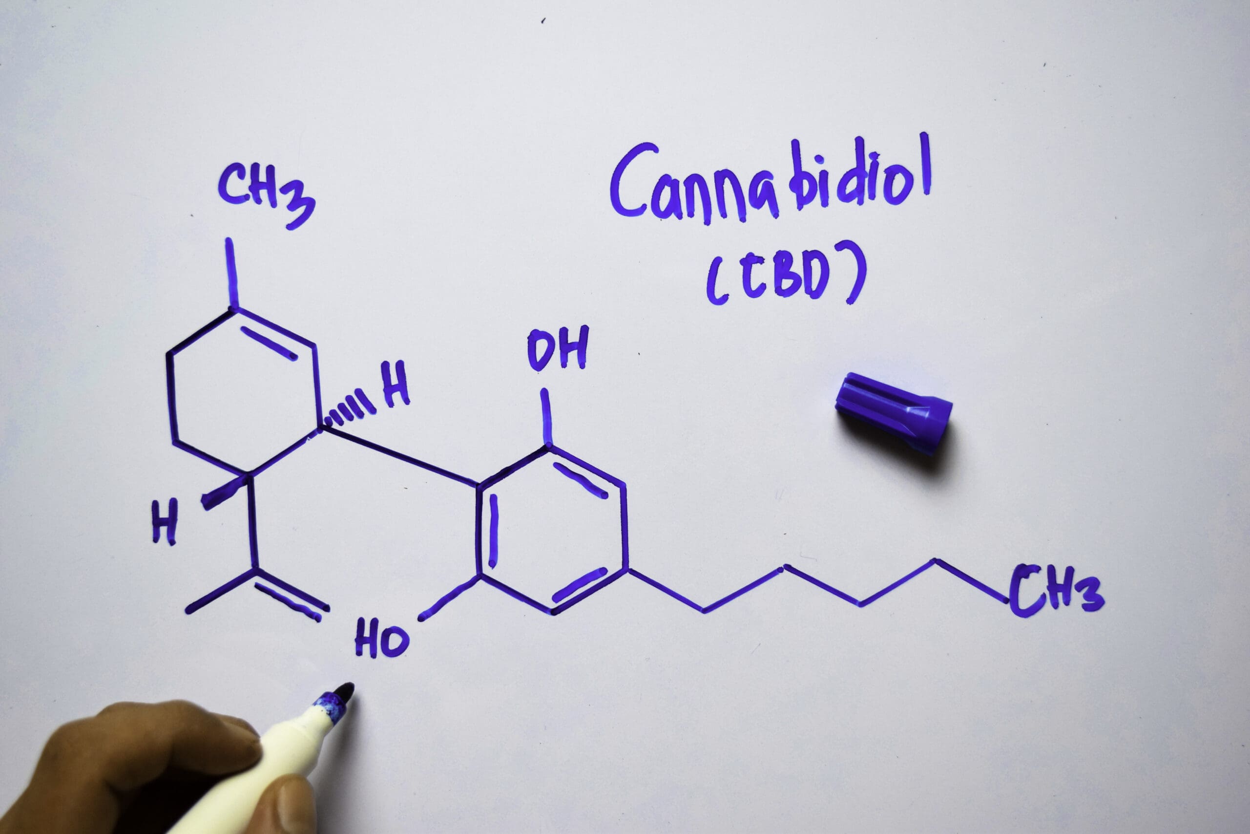 Cannabidiol (CBD) molecule written on the white board. Structura